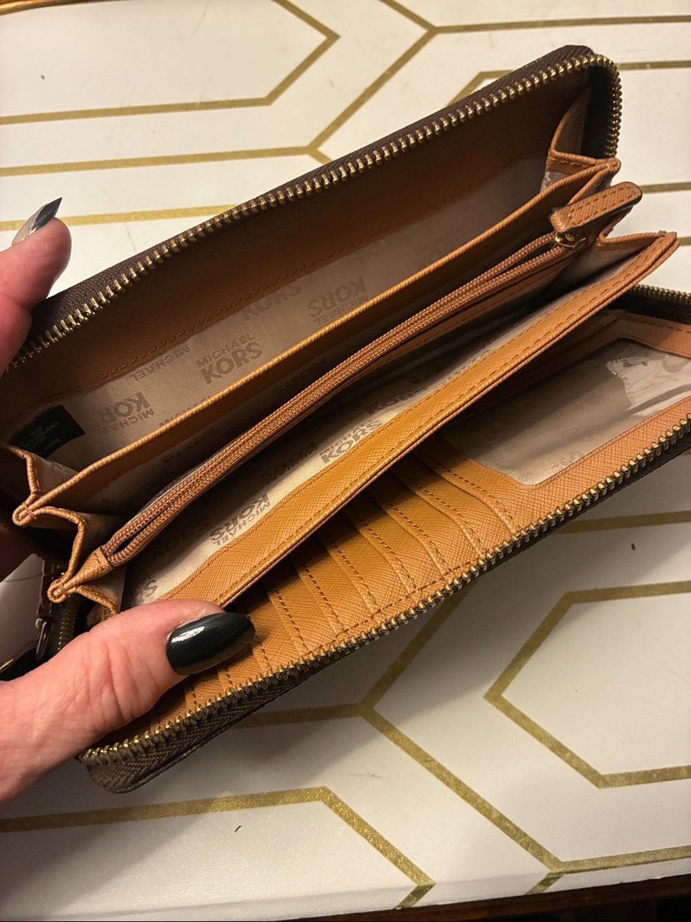 NWOT Michael Kors Dark Brown Logo Zip-Around Wristlet Wallet with Gold Hardware - Picture 8 of 14